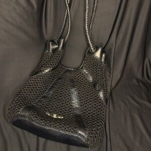 Elliott Lucca Black Woven Shoulder Bag with Leather Trim